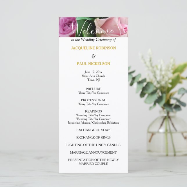 Wedding Program Pink Roses Gold (Standing Front)