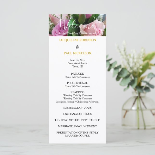 Wedding Program Pink Roses Gold NAMES (Standing Front)
