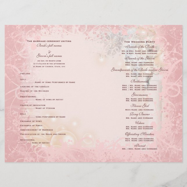 Wedding program pink white whimsical (Front)
