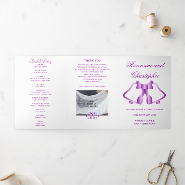 Wedding Program Purple Bells And Ribbon Tri-Fold Programme (Outside)