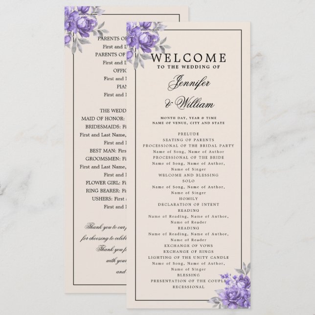 Wedding Program Purple Natural Rustic Floral (Front/Back)