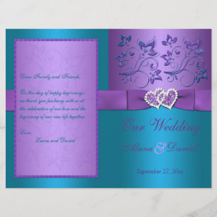Wedding Program Purple, Turquoise Floral Hearts