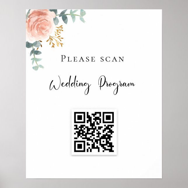 Wedding program QR code blush floral eucalyptus Poster (Front)
