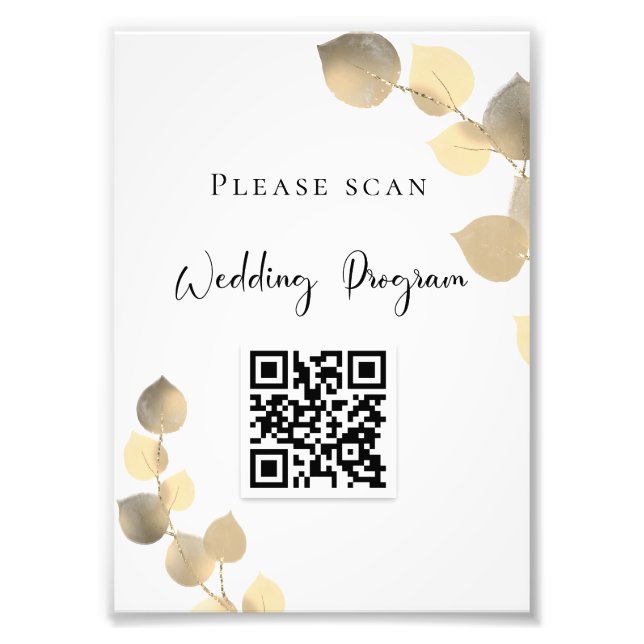Wedding program QR code eucalyptus golden Photo Print (Front)
