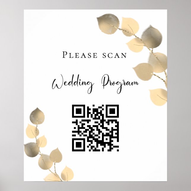 Wedding program QR code eucalyptus golden Poster (Front)