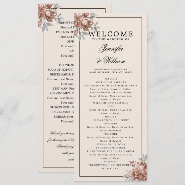Wedding Program Rose Gold Natural Rustic Floral (Front/Back)