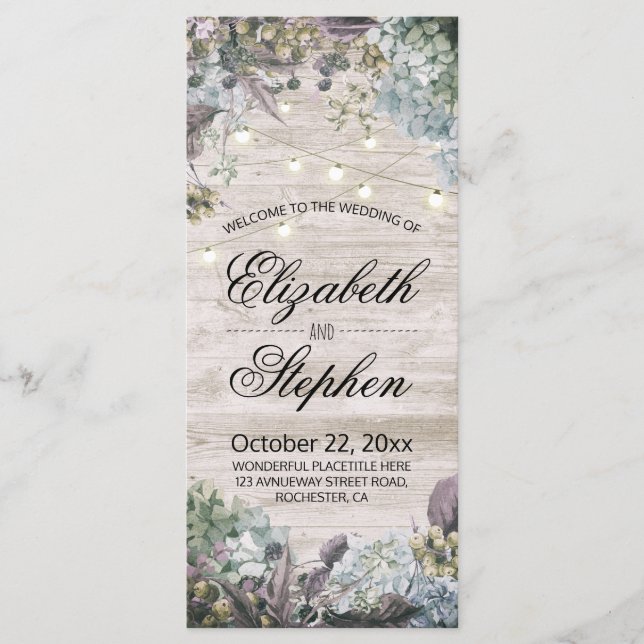 Wedding Program Rustic Wood Floral & String Lights (Front)