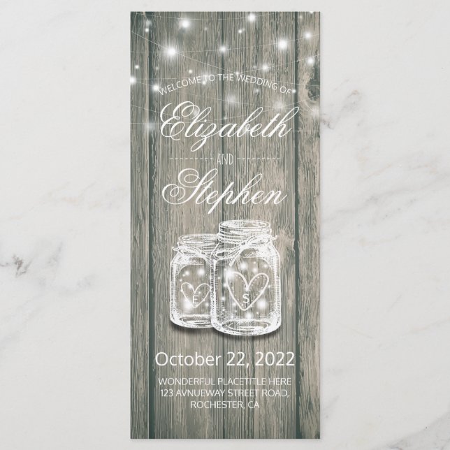 Wedding Program Rustic Wood Mason Jar String Light (Front)