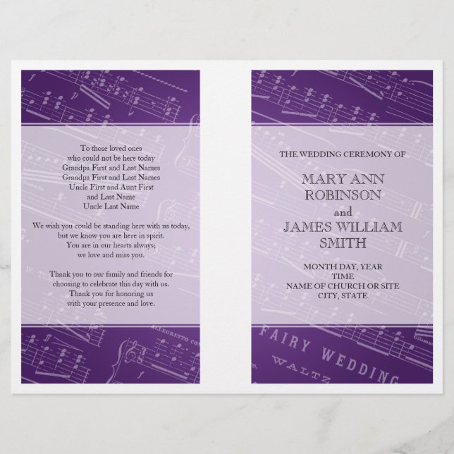 Wedding Program Sheet Music Purple (Front)