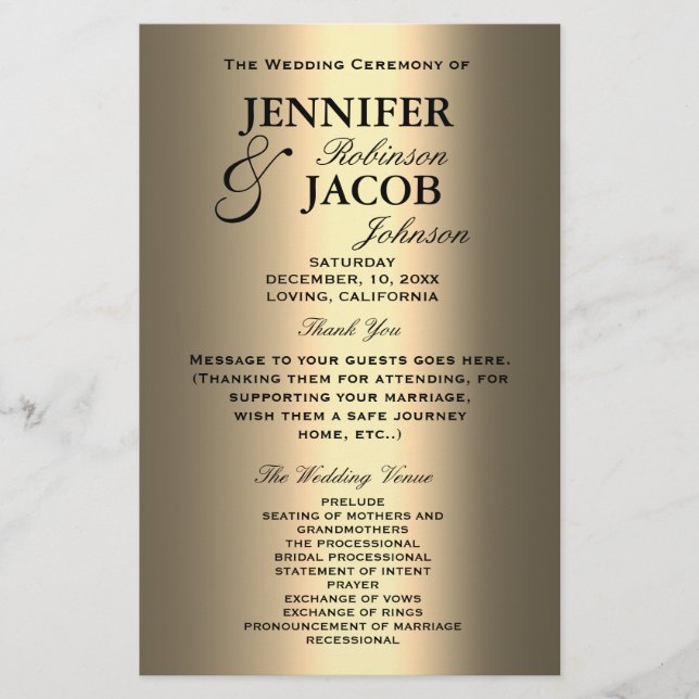 Wedding Program | Soft Shiny Gold Look (Front)