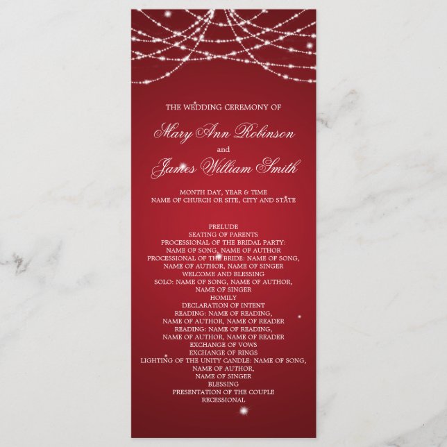 Wedding Program Sparkling String Red (Front)