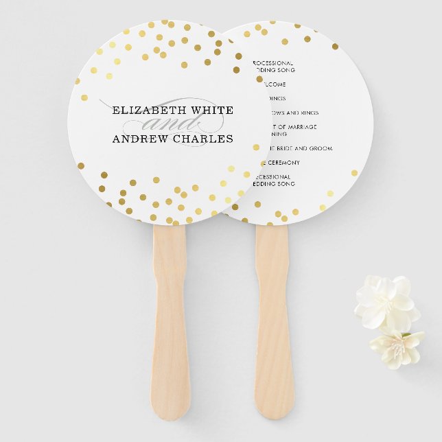 WEDDING PROGRAM stylish chic cute gold confetti Hand Fan (Front and Back)