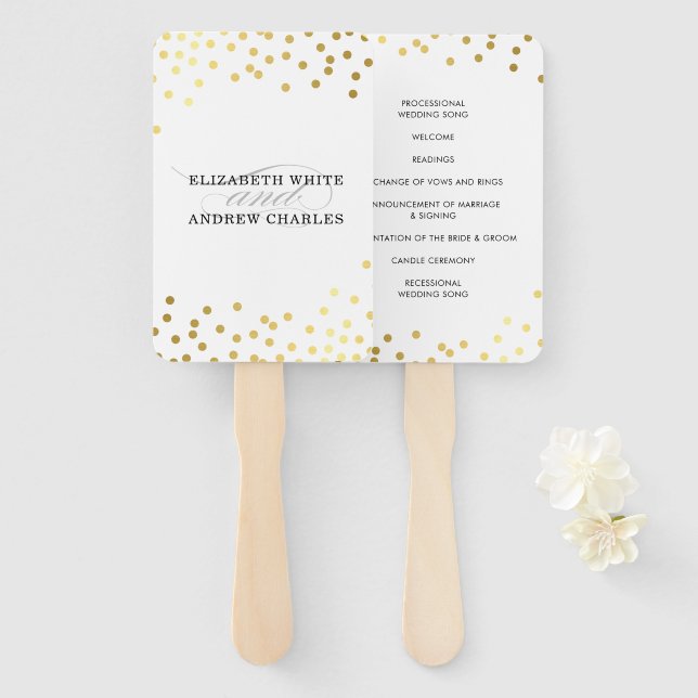 WEDDING PROGRAM stylish chic glam gold confetti Hand Fan (Front and Back)