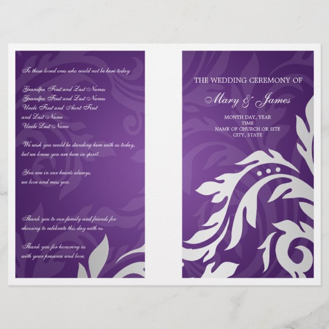 Wedding Program Swirly Flourish Purple (Front)