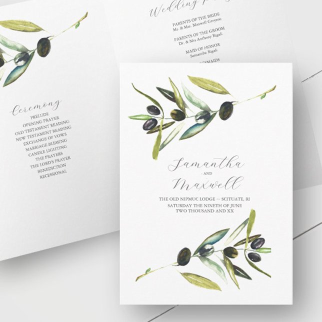 Wedding Program Template Watercolor Olive Folded (Rustic wedding program watercolor olive branch art by Victoria Grigaliunas of Do Tell A Belle)