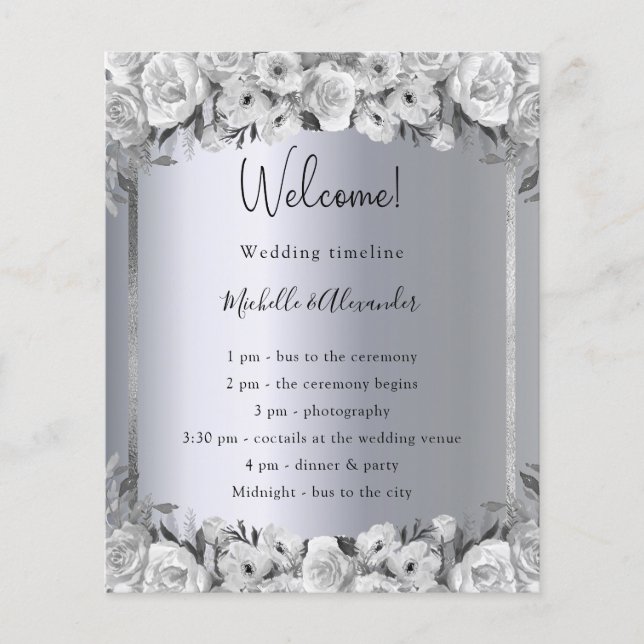 Wedding program timeline silver floral budget flyer (Front)