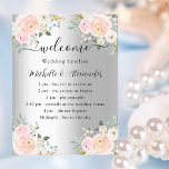 Wedding program timeline silver pink flowers poster<br><div class="desc">A welcome/program,  timeline poster for a wedding.  A stylish faux silver looking background decorated with blush pink and white flowers.  Personalise and add your names and the details.  Black letters.</div>