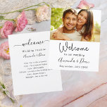 Wedding program timeline welcome photo<br><div class="desc">This sheet is perfect for celebrating your special day,  and wishing your guests welcome.

On the front: The sheet has an elegant white background with a black modern hand lettered style script font for the names. Personalise and add your own photo.
Back:  the program,  timeline of the day.</div>
