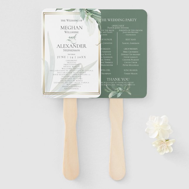 Wedding Program | Tropical Elegant Foliage Hand Fan (Front and Back)