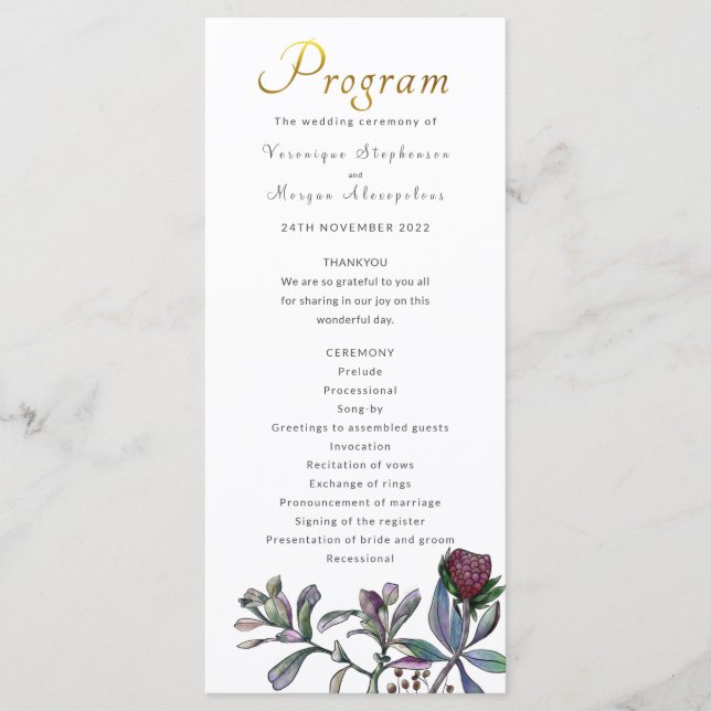 Wedding program tropical leaf gold script floral (Front)