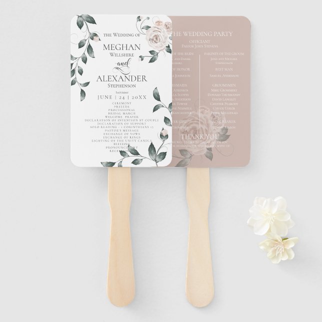 Wedding Program | Watercolor Dusty Rose Floral Hand Fan (Front and Back)