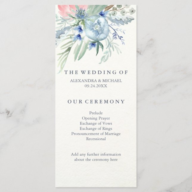 Wedding Program with Blue and Pink Peonies (Front)