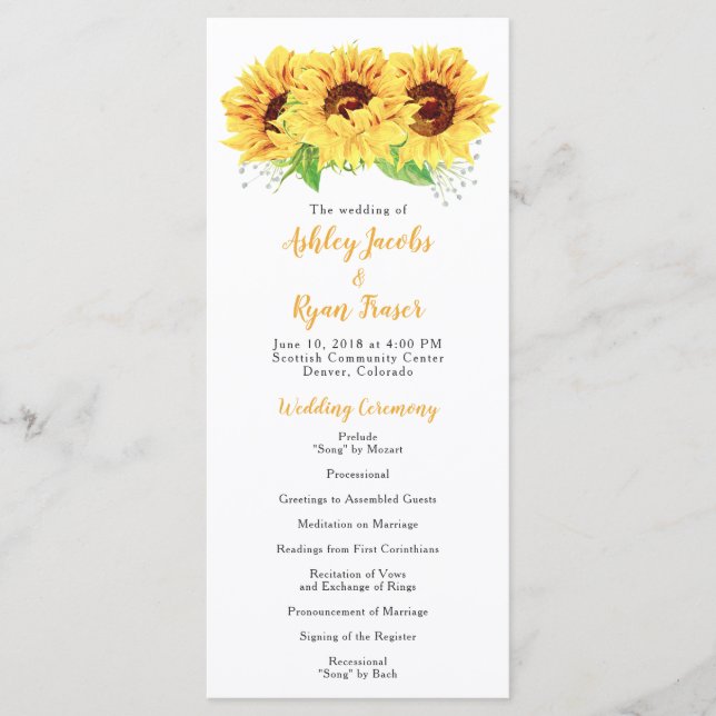 Wedding Program Yellow Sunflower Watercolor Floral (Front)