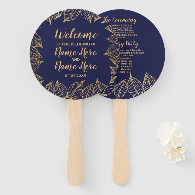 Wedding Programme Fan Navy Gold Wedding Leaf (Front and Back)