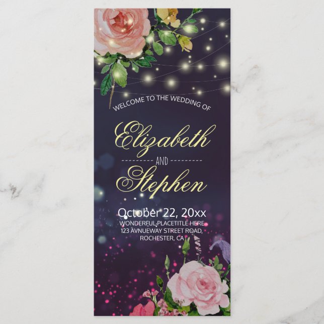 Wedding Programs Chic Floral Purple String Lights (Front)