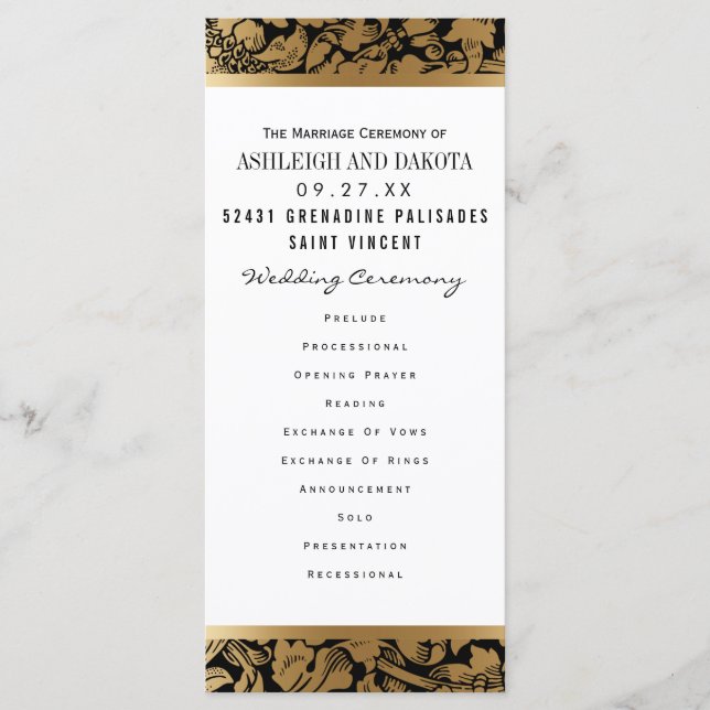 Wedding Programs | Golden Floral Damask on Black (Front)