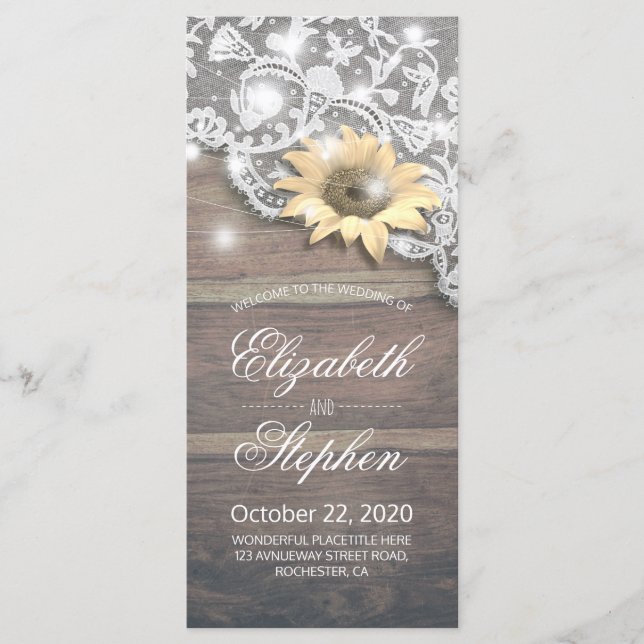 Wedding Programs Lace Sunflower Rustic Wood Lights (Front)