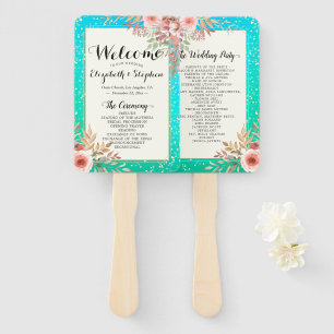 Wedding Programs Modern Pink Floral Teal Gold Dots Hand Fan