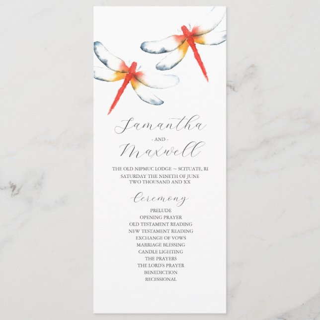 Wedding Programs Watercolor Red Dragonfly (Front)