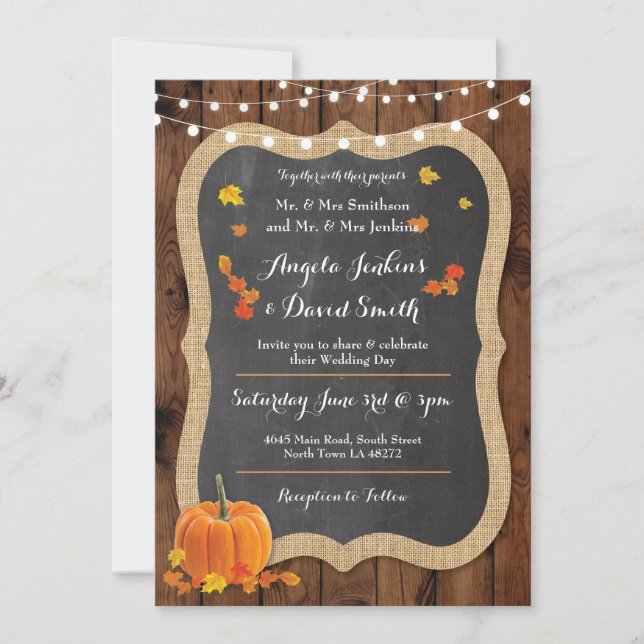 Wedding Pumpkin Fall Wood Chalk Party Invitation (Front)