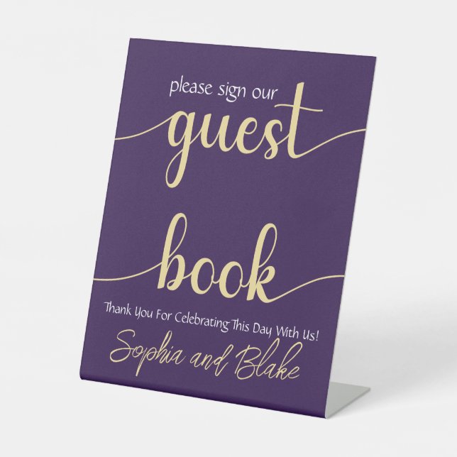 Wedding Purple and Gold Guest Book Pedestal Sign (Front)