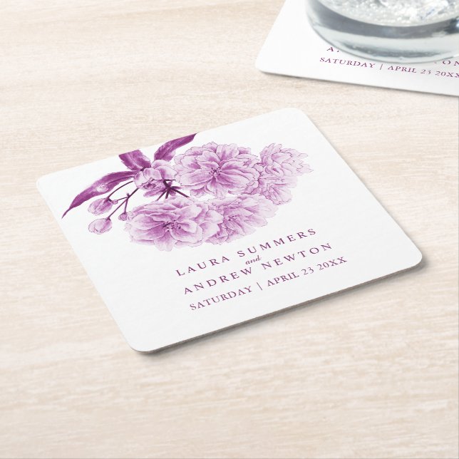 Wedding purple blossom custom paper coasters (Angled)
