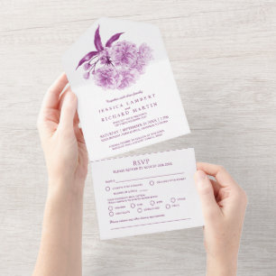 Wedding purple blossom watercolor photo meal RSVP All In One Invitation