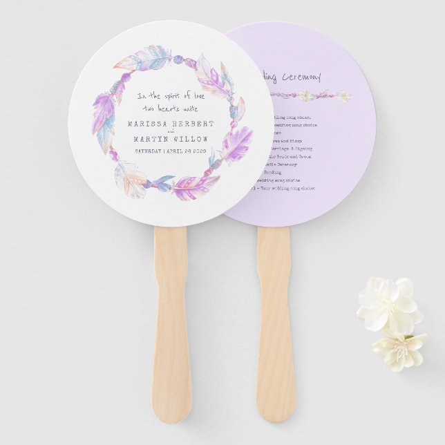 Wedding purple boho feather art program fans (Front and Back)