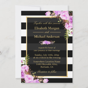 Wedding Purple Floral Gold Black White Stripes Invitation