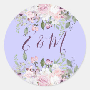 Wedding Purple Floral Monogram Summer Classic Round Sticker