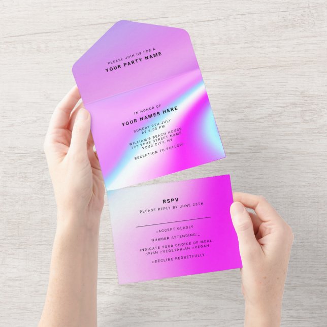 Wedding Purple Holographic Modern Elegant All In One Invitation (Tearaway)