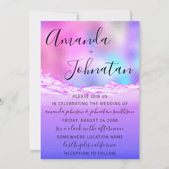 Wedding Purple Ocean Pink Waves Ocean Beach Invitation (Front)