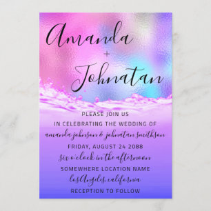 Wedding Purple Ocean Pink Waves Ocean Beach Invitation