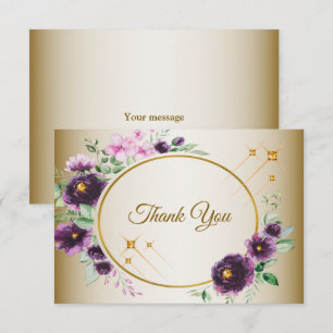 Wedding Purple Pink Floral Green Leaves Golden Thank You Card