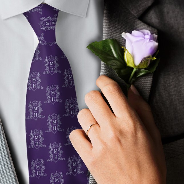Wedding purple silver couple monogram crown tie (Creator Uploaded)