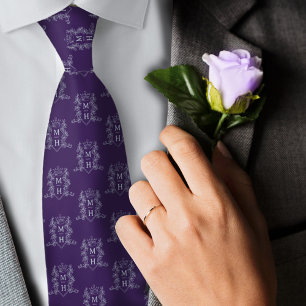 Wedding purple silver couple monogram crown tie