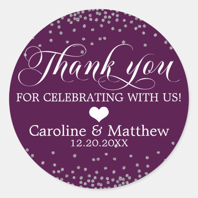 Wedding Purple Sprinkle Sparkle Silver THANK YOU Classic Round Sticker (Front)