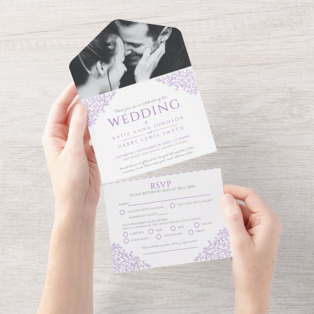 Wedding purple white leaves photo meal RSVP All In One Invitation (Tearaway)