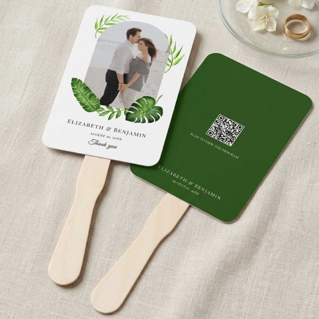 Wedding QR Code Custom Photo Tropical Greenery Hand Fan (Creator Uploaded)