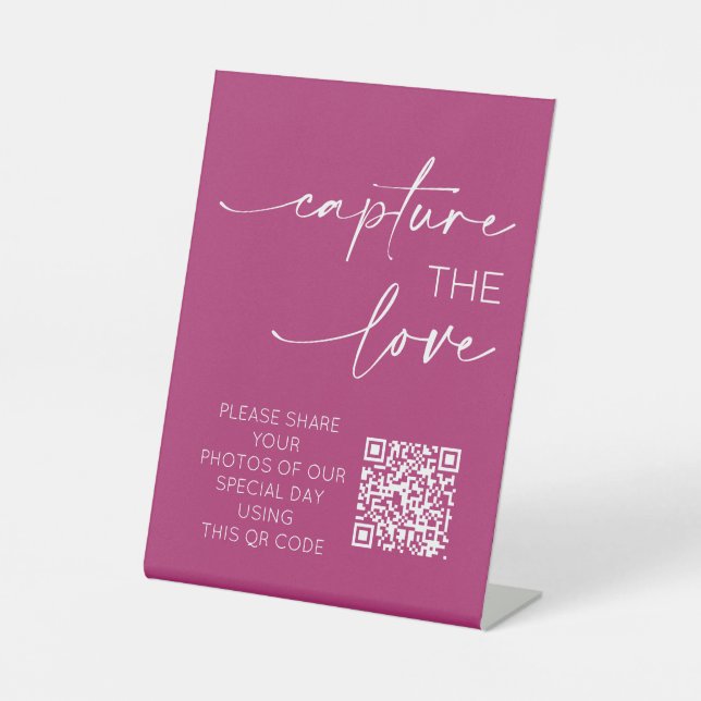Wedding QR Code Photo App Upload Berry Pink Pedestal Sign (Front)